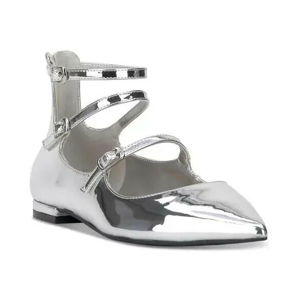 I.N.C. Valan Triple Strap Silver Flats Women's Size 6 Pointed Toe Zip Back $80