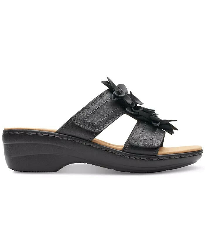 Clarks Merliah Raelyn Flower Wedge Sandals 8 Black Leather MSRP $100