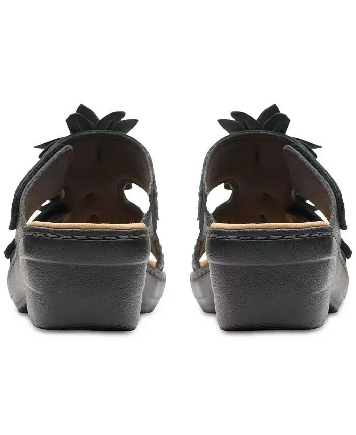 Clarks Merliah Raelyn Flower Wedge Sandals 8 Black Leather MSRP $100