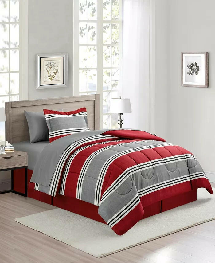 Sunham Aiden 8 Piece Comforter Set King Striped Blue MSRP $100