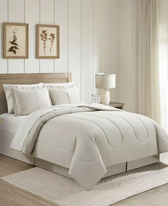 Sunham Neutral Damask 8 Piece Comforter Set Queen Beige MSRP $100