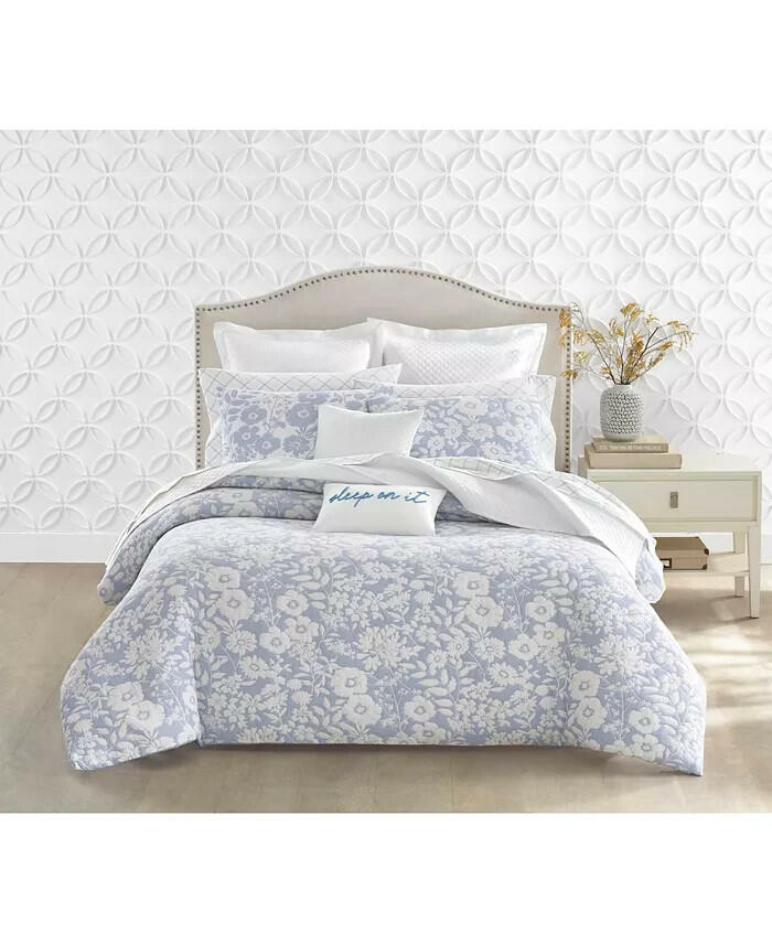 Charter Club Silhouette Floral Comforter Set King Blue MSRP $340