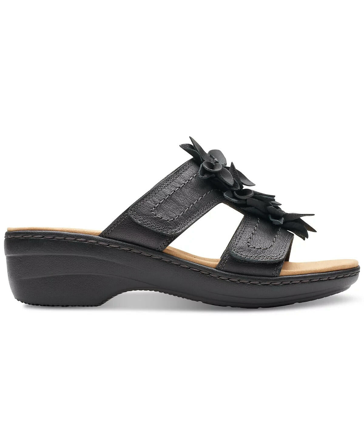 Clarks Womens Merliah Raelyn Flower Wedge Sandals Black Leather 8.5 MSRP $94