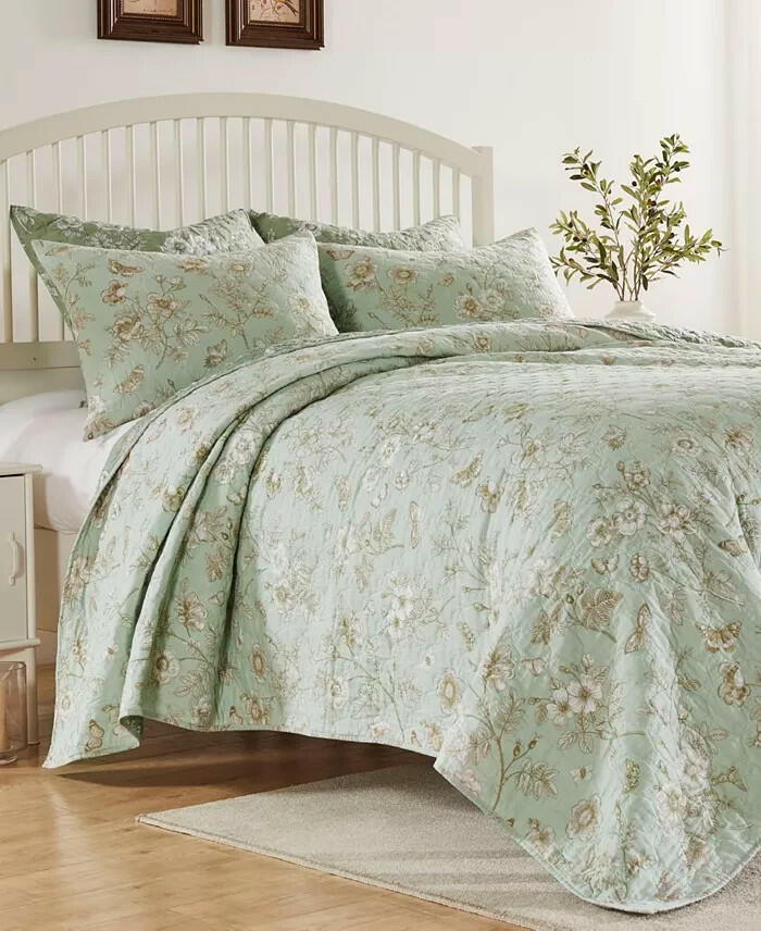 Greenland Home Olivia Garden Toile Quilt Set Full Queen Green MSRP $290