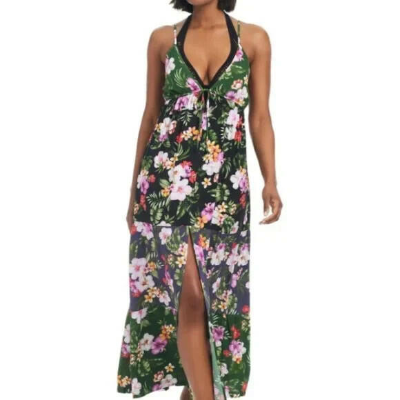 Bar III Womens Floral Print Tiered Cover Up Dress L MSRP $88