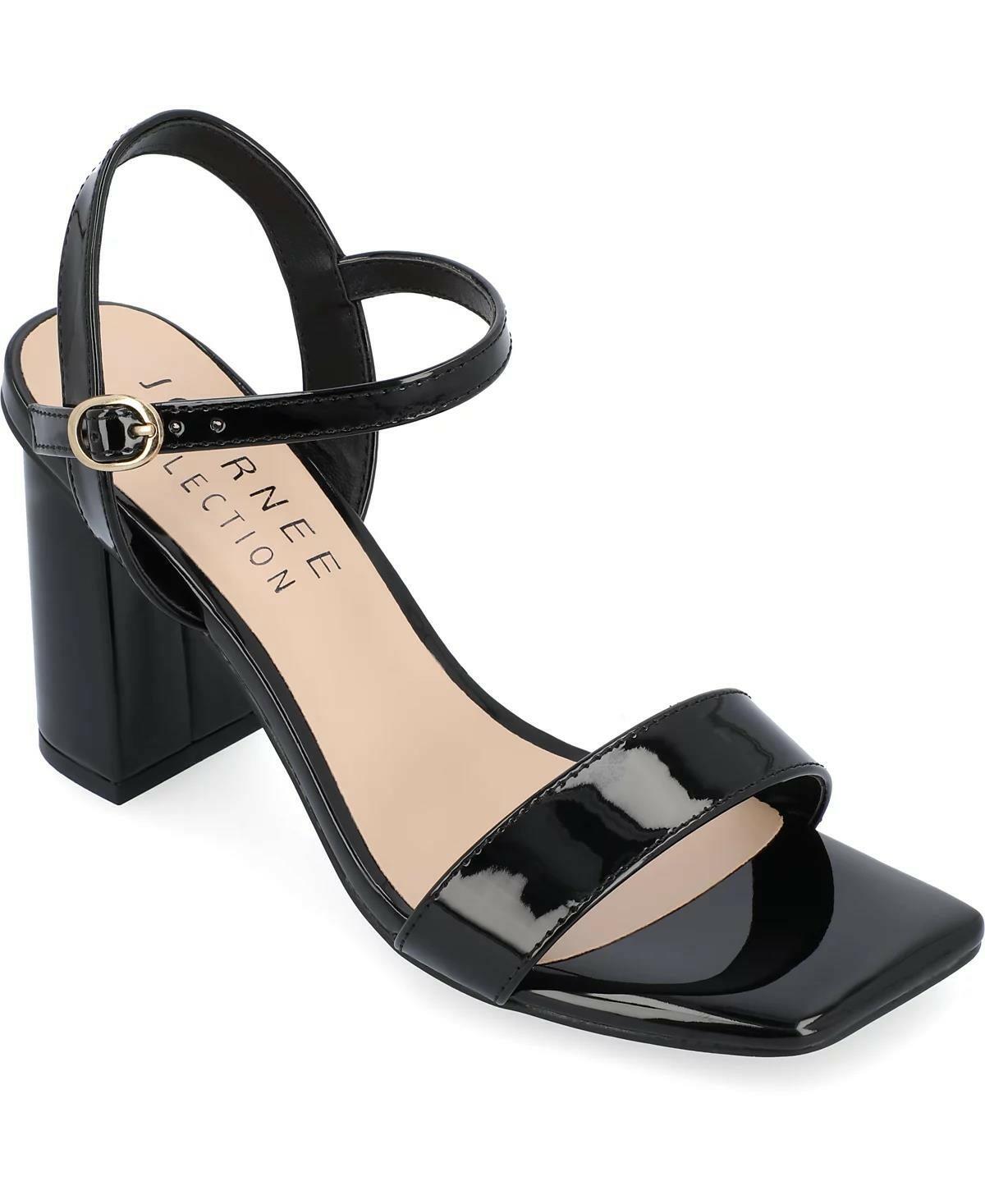 Journee Collection Tivona Block Heel Sandals – Women’s Black Patent, Size 8.5M