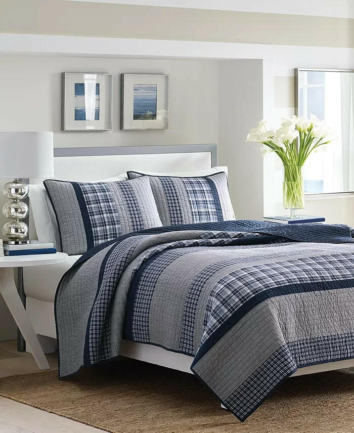 Nautica Adelson Cotton Woven Reversible Quilt King Navy MSRP $350