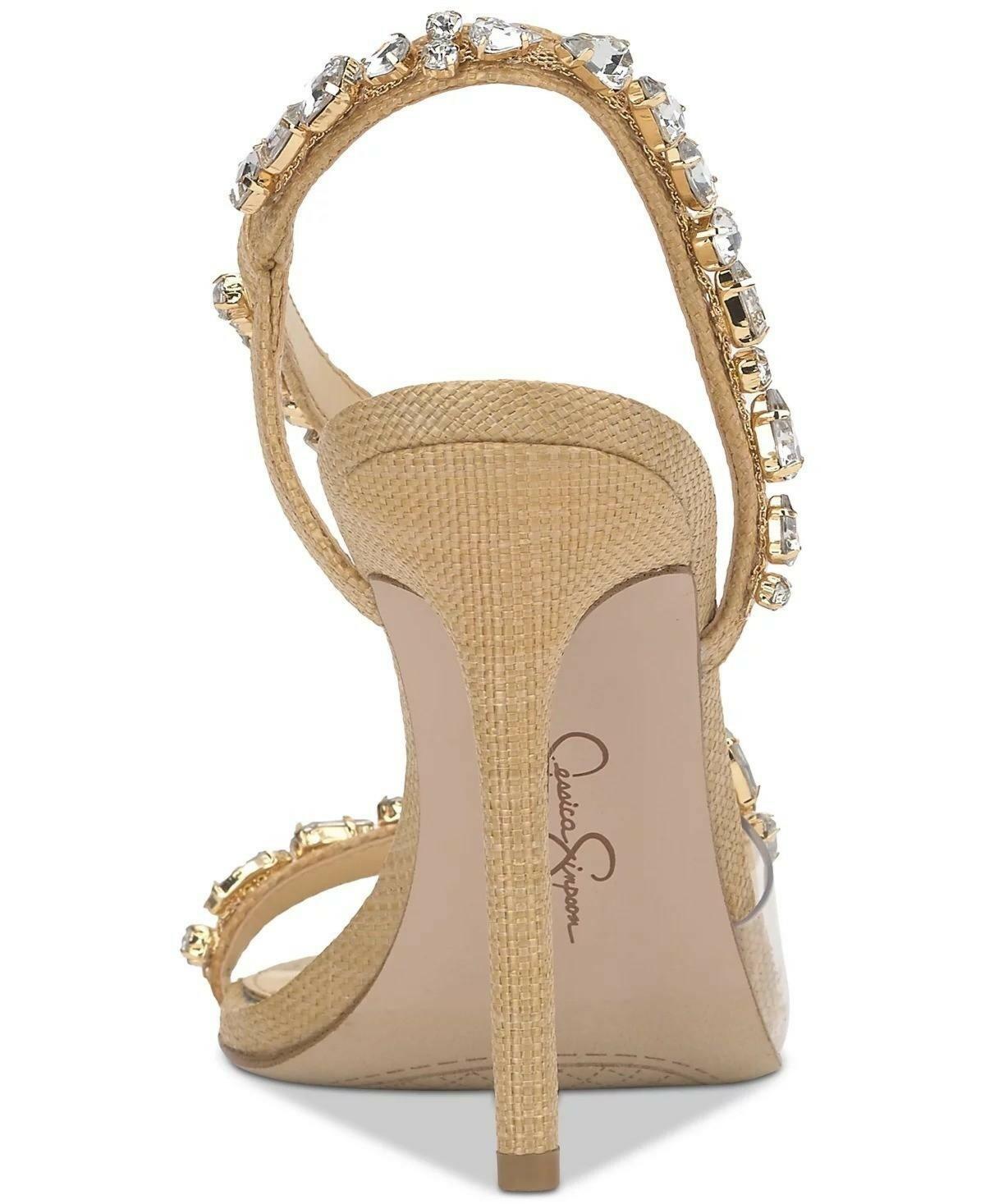 Jessica Simpson Jaycin Rhinestone Dress Strappy Stiletto 9.5 Heels Gold MSRP $99