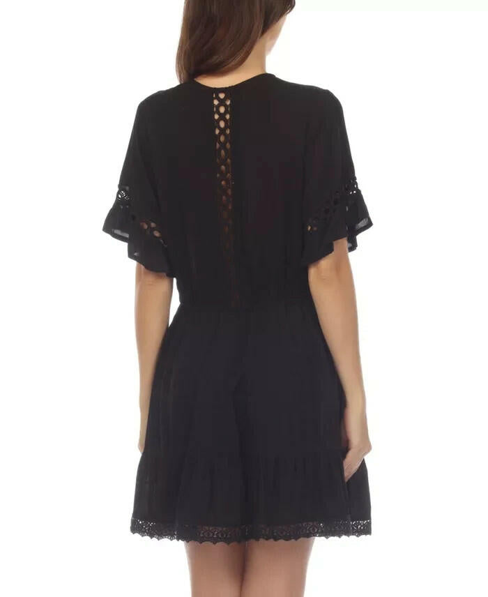 Raviya Womens V Neck Lace Trim Dress Cover Up Black 2X MSRP $54