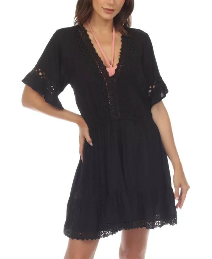 Raviya Womens V Neck Lace Trim Dress Cover Up Black 2X MSRP $54
