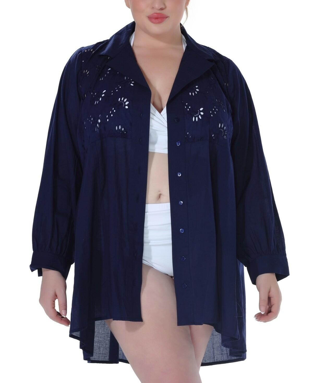 Raviya Plus Size Cotton Eyelet Button Cover Up Dress 2X Navy $58