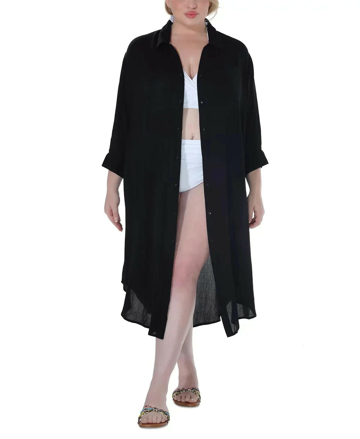 Raviya Plus Size Button Down Midi Cover Up Dress 3X Black $58