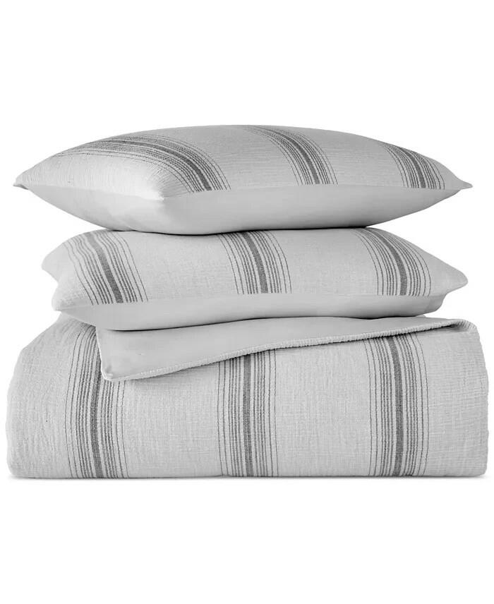 Oake Artisanal Stripe 3 Piece Cotton Comforter Set King White Gray $290