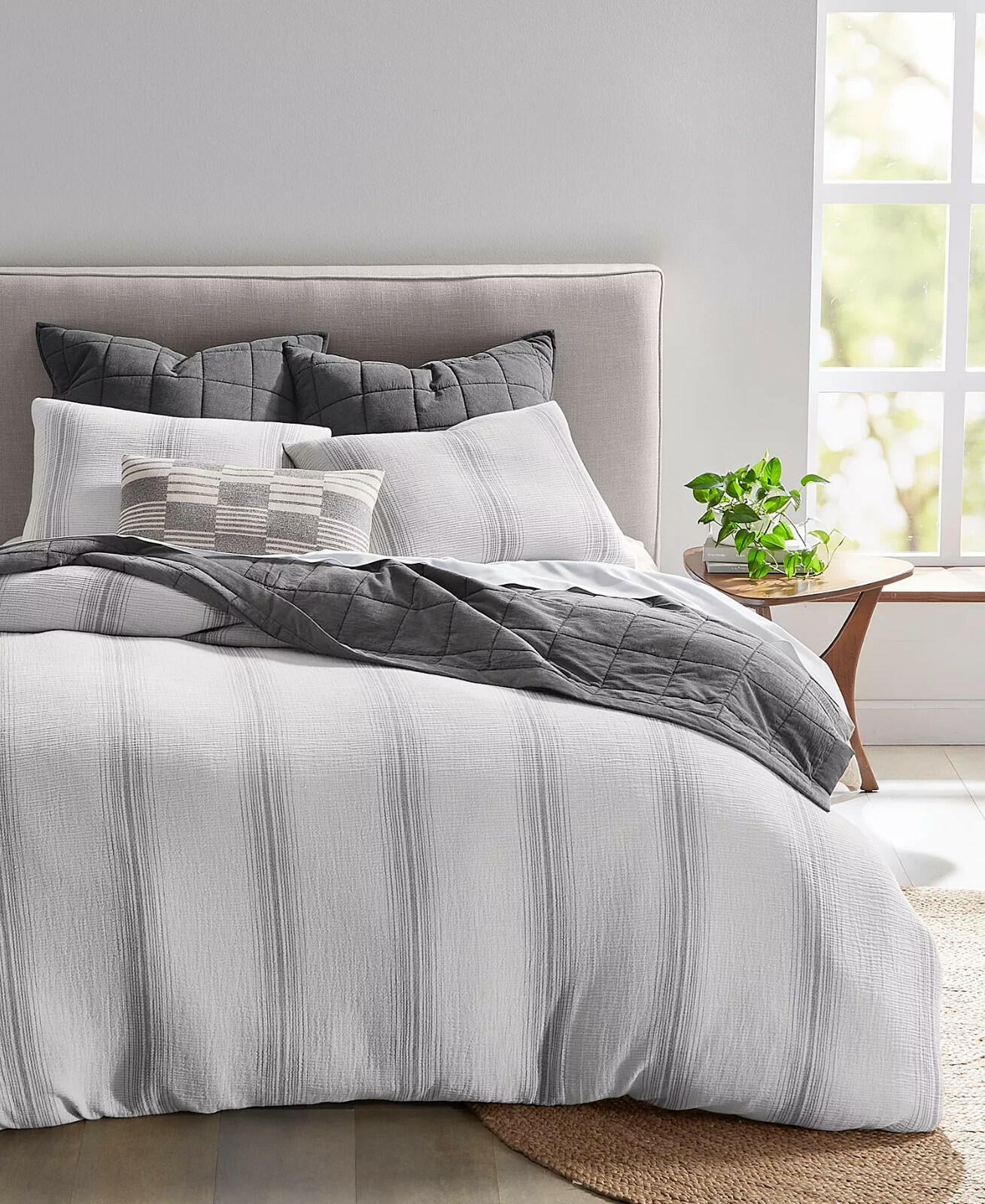 Oake Artisanal Stripe 3 Piece Cotton Comforter Set King White Gray $290