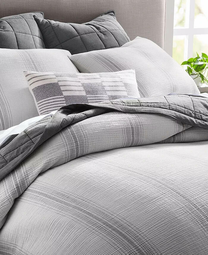 Oake Artisanal Stripe 3 Piece Cotton Comforter Set King White Gray $290