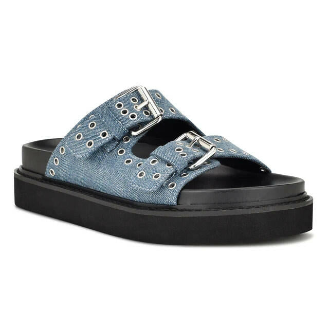 Nine West Womens Eleny Buckle Slide Sandals Denim Blue 8.5 New $80