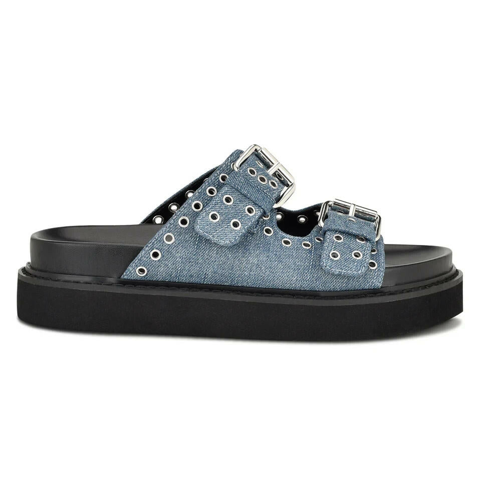 Nine West Womens Eleny Buckle Slide Sandals Denim Blue 8.5 New $80