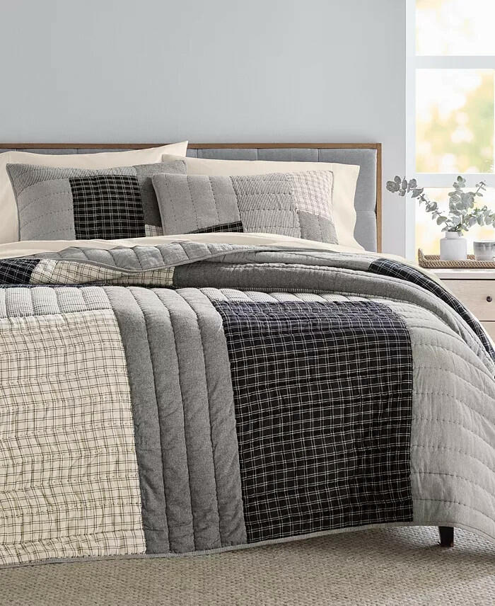 Oake Striped and Stitched Quilt Set Full Queen Black Ivory MSRP $330