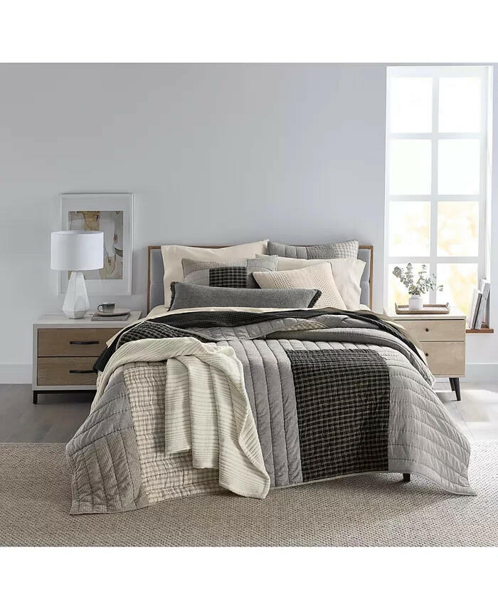Oake Striped and Stitched Quilt Set Full Queen Black Ivory MSRP $330