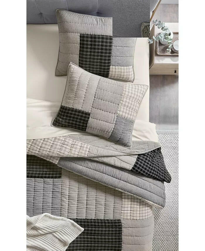 Oake Striped and Stitched Quilt Set Full Queen Black Ivory MSRP $330
