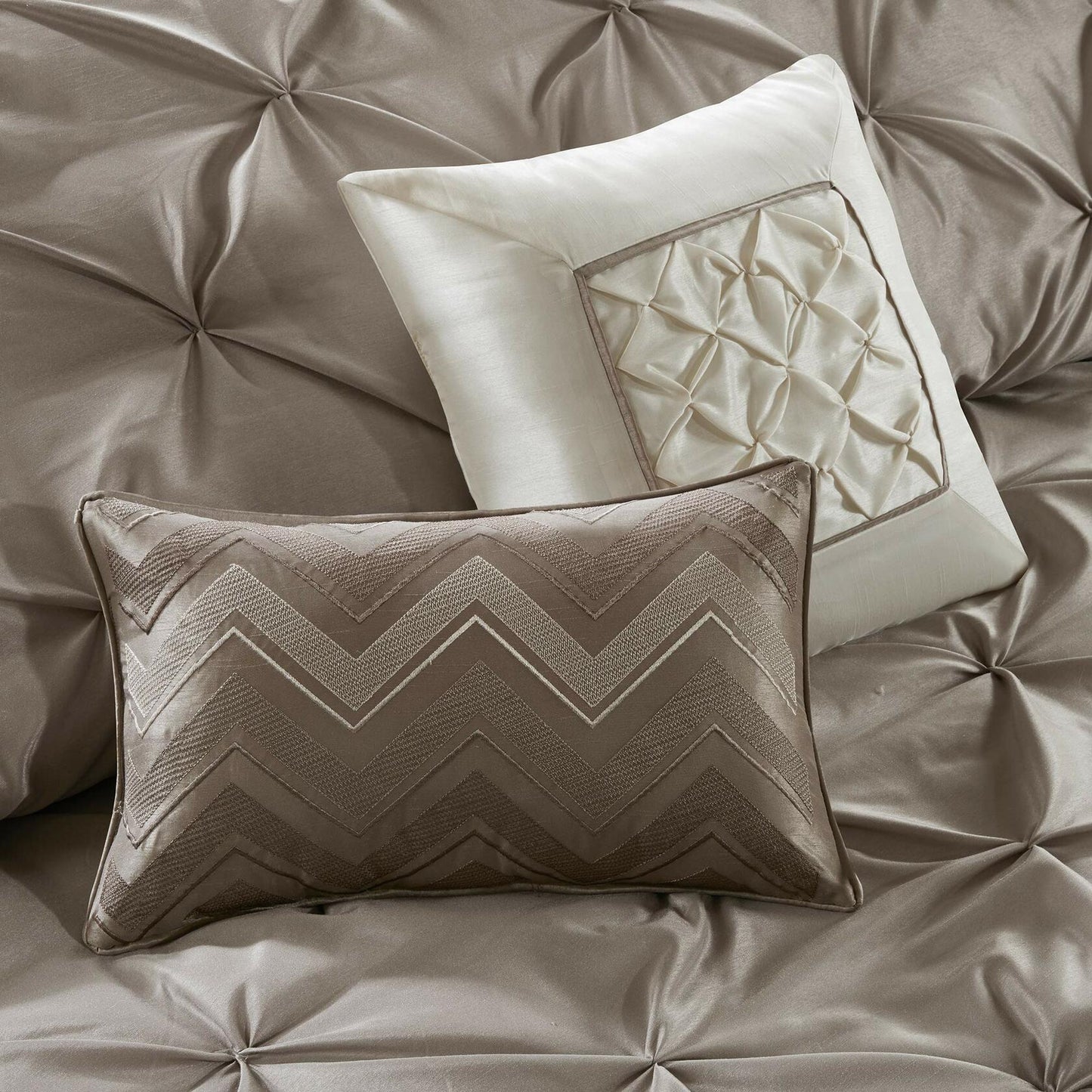 Madison Park Essentials Room in a Bag Faux Silk Comforter Set - Luxe Diamond Tufting All Season Bedding, Matching Curtains, Decorative Pillows, Taupe King(104"x92") 24 Piece