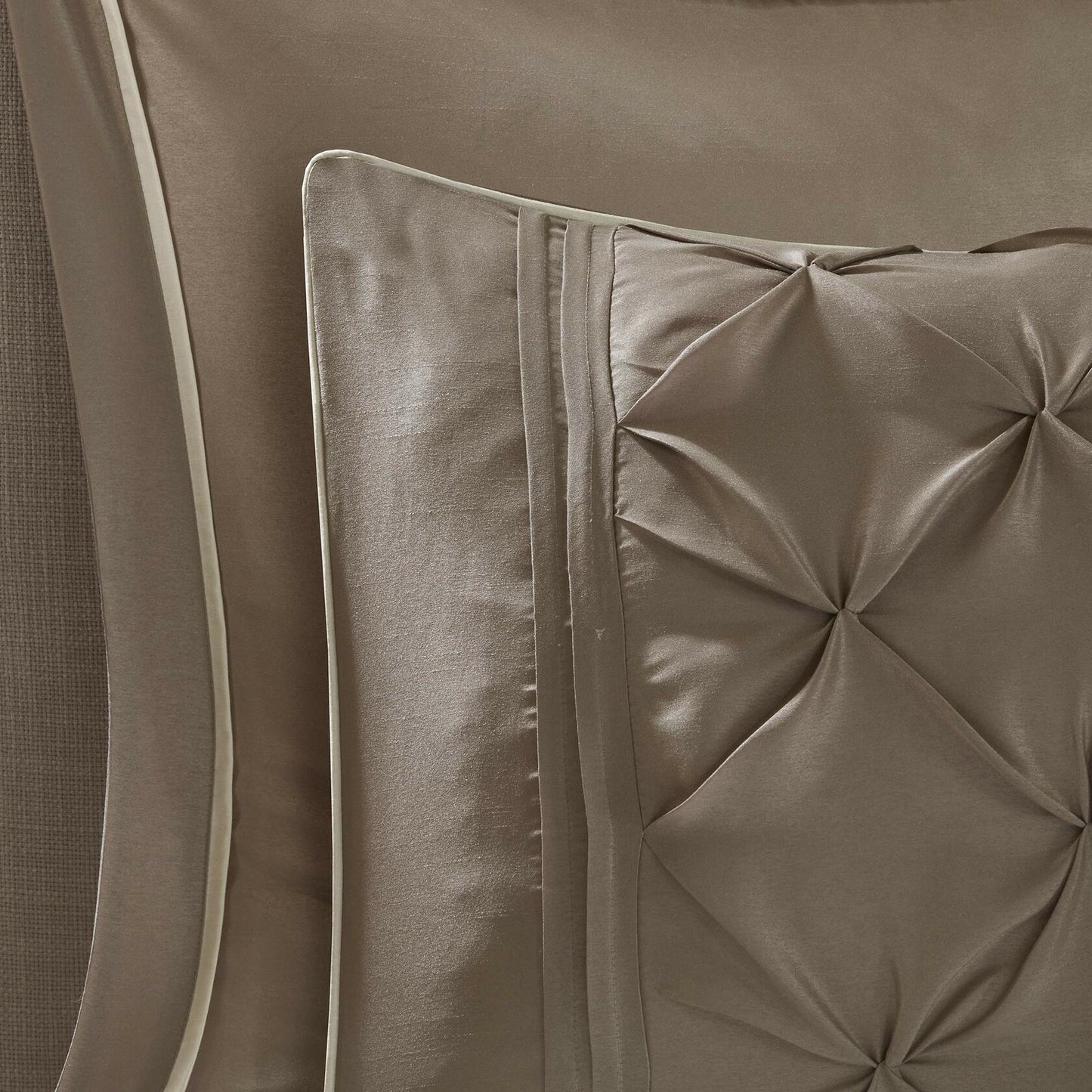 Madison Park Essentials Room in a Bag Faux Silk Comforter Set - Luxe Diamond Tufting All Season Bedding, Matching Curtains, Decorative Pillows, Taupe King(104"x92") 24 Piece