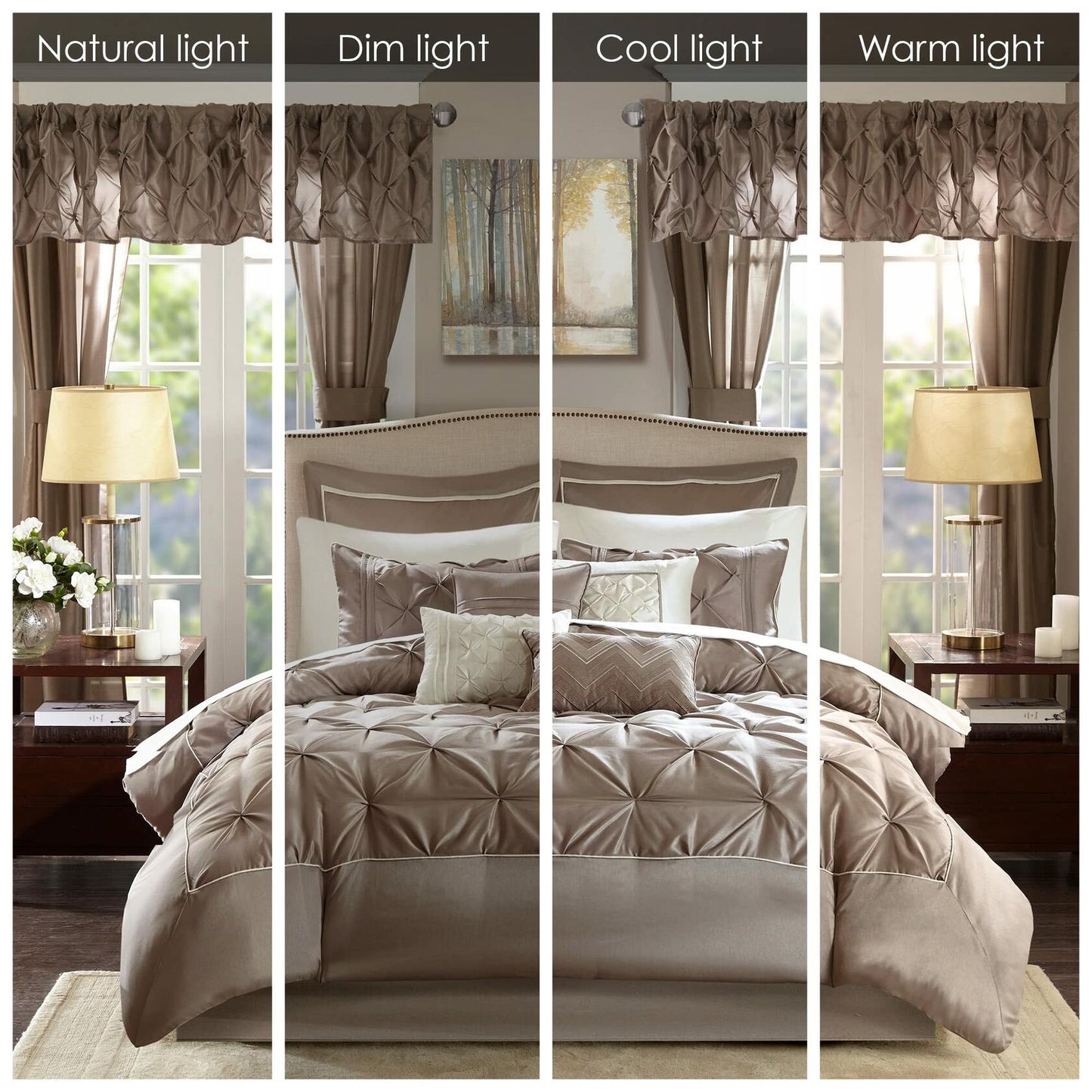 Madison Park Essentials Room in a Bag Faux Silk Comforter Set - Luxe Diamond Tufting All Season Bedding, Matching Curtains, Decorative Pillows, Taupe King(104"x92") 24 Piece