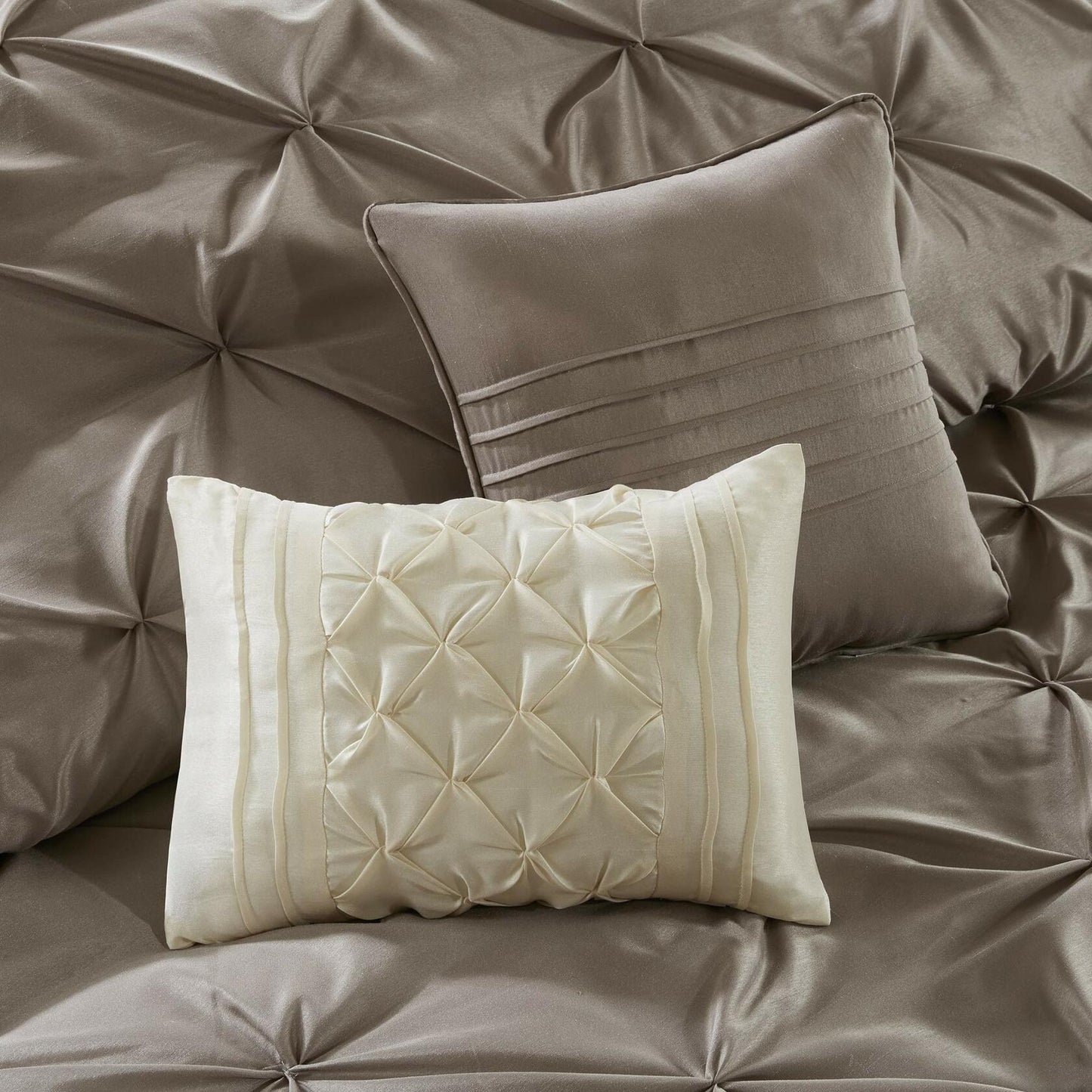 Madison Park Essentials Room in a Bag Faux Silk Comforter Set - Luxe Diamond Tufting All Season Bedding, Matching Curtains, Decorative Pillows, Taupe King(104"x92") 24 Piece