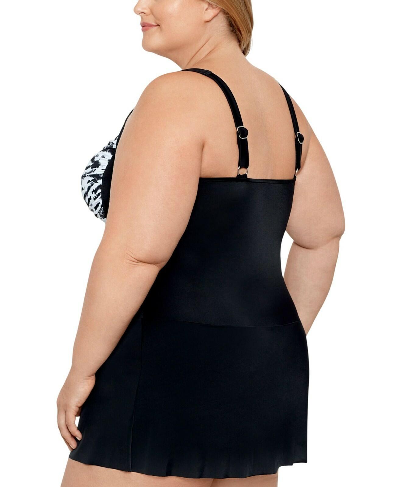 Swim Solutions Plus Size Tummy Control Skater Swimsuit 20W Black White $122