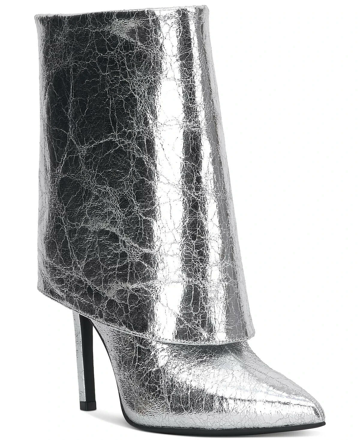 INC Womens Sabeel Cuff Stiletto Booties Silver Crinkle 8.5 MSRP $99