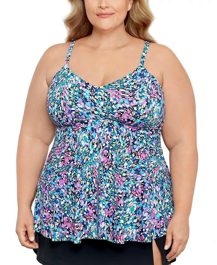 Swim Solutions Plus Size Printed V Neck Tankini Top 22W MSRP $84