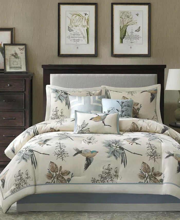 Madison Park Quincy 7-Pc Queen Comforter Set Khaki Cotton MSRP $250