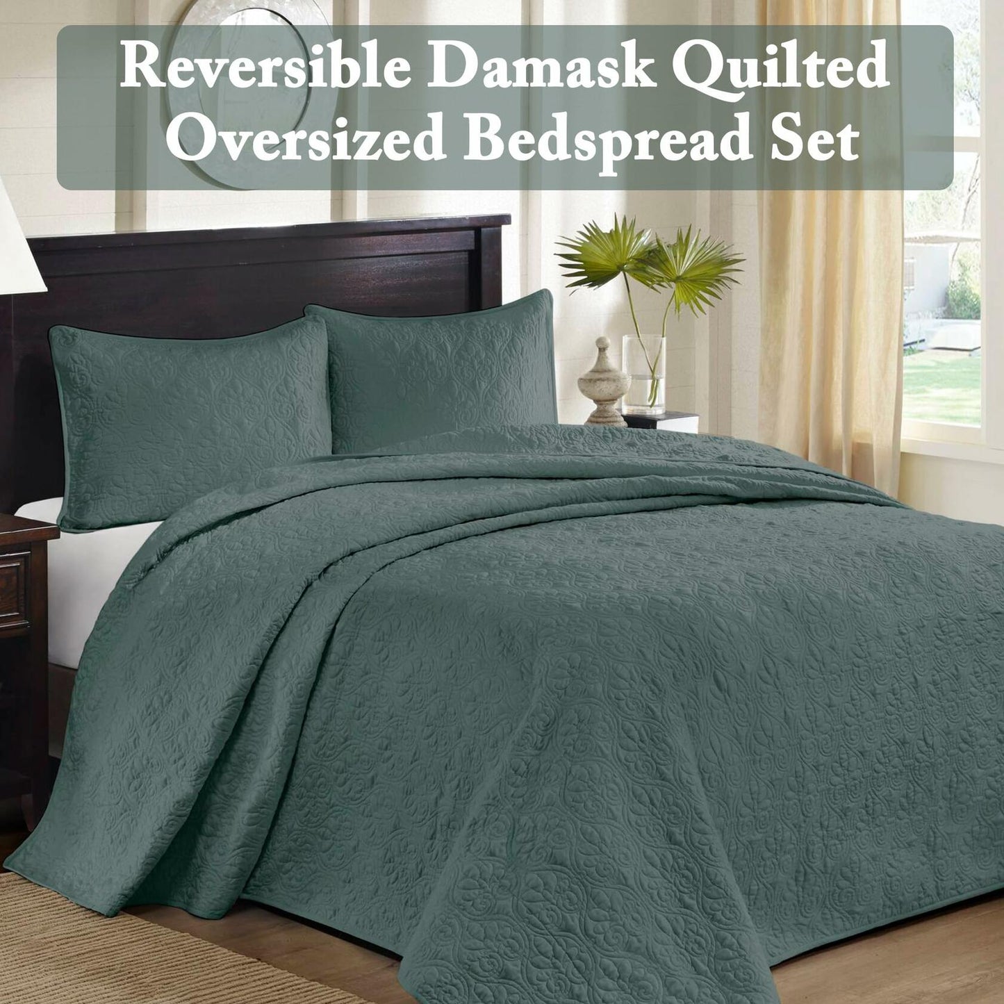 Madison Park Quebec Reversible Damask Bedspread Queen Green 3PC $198