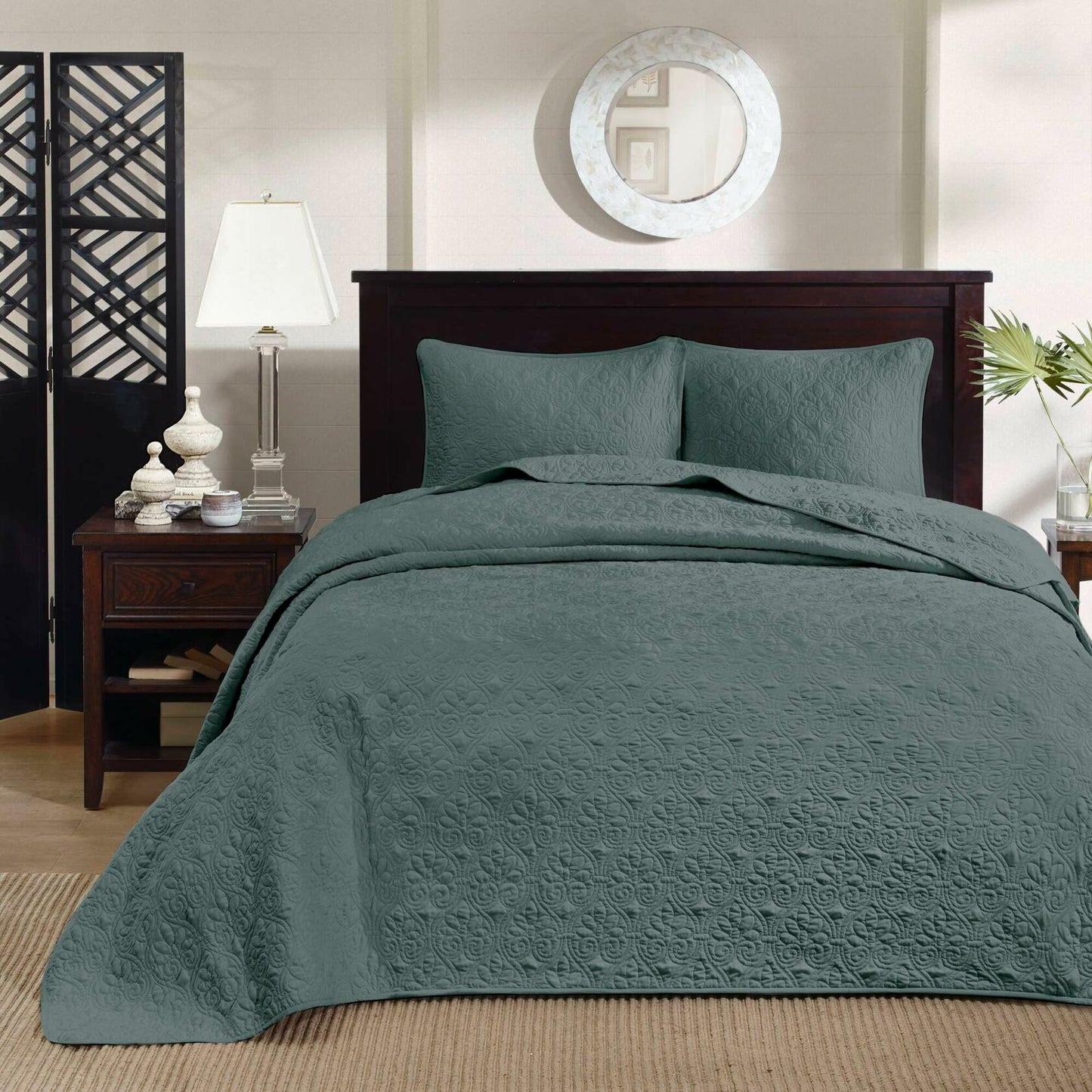 Madison Park Quebec Reversible Damask Bedspread Queen Green 3PC $198