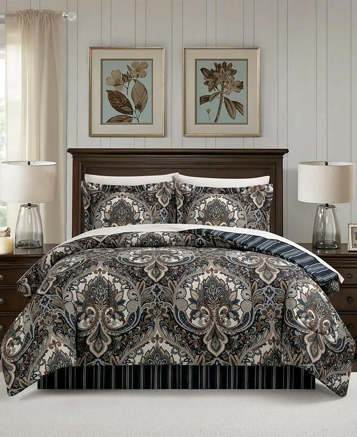 Isabella Fairfield Comforter Set 6PC Twin Comforter and Sheets Navy Damask $100