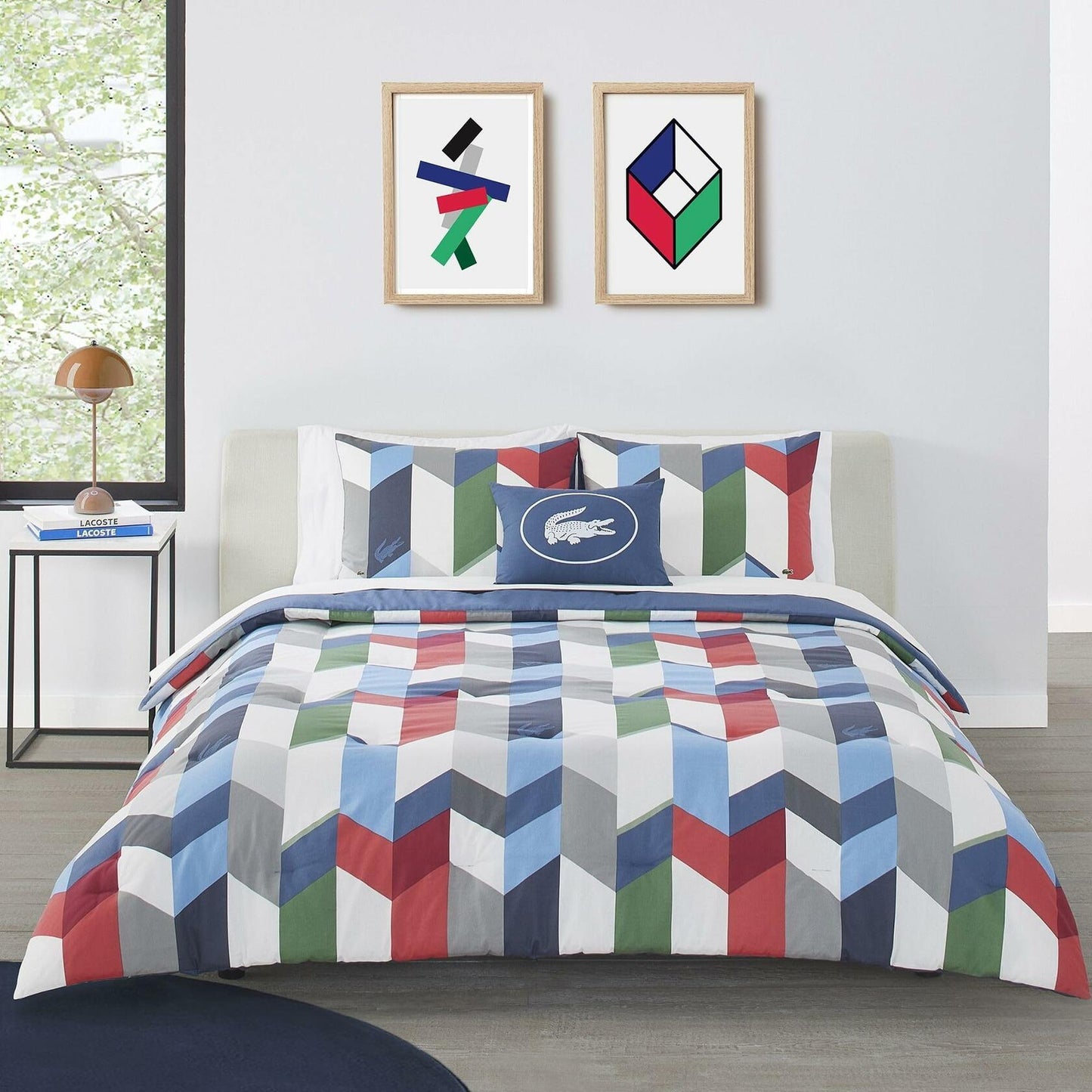 Lacoste Beaumont Geometric Comforter Set King Navy Multi 3PC $270