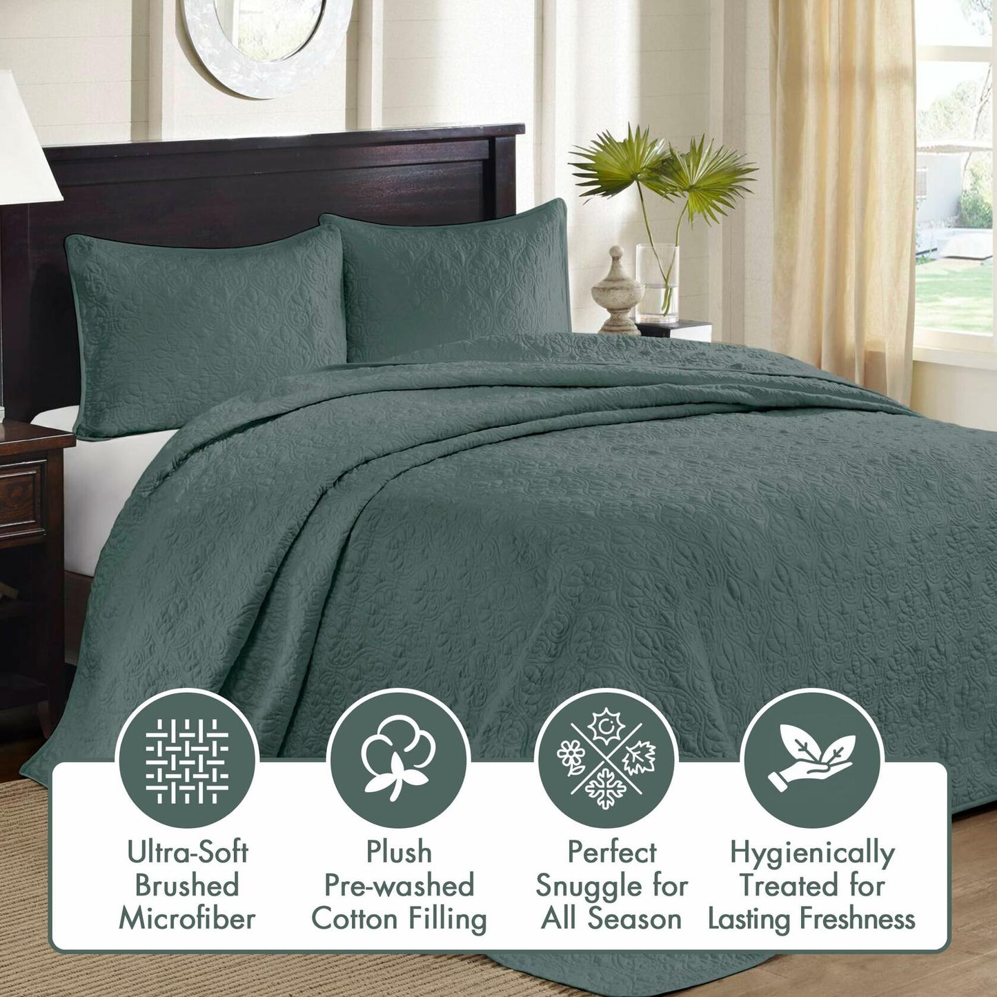 Madison Park Quebec Reversible Damask Bedspread Queen Green 3PC $198