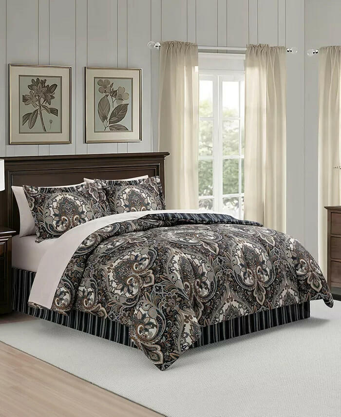 Isabella Fairfield Comforter Set 6PC Twin Comforter and Sheets Navy Damask $100
