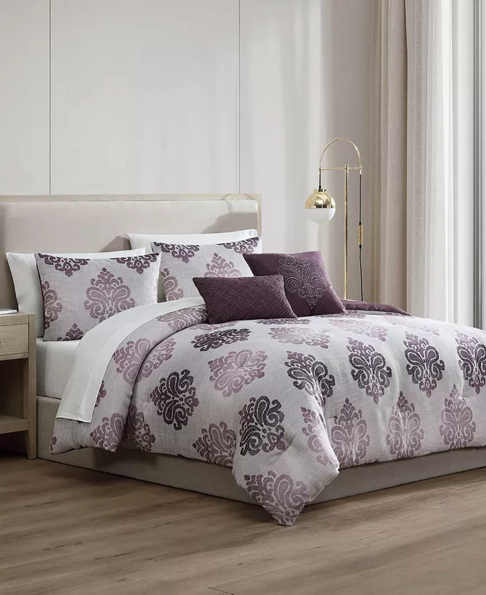 Morado Damask 9 Piece King Comforter Set Purple Gray Medium Warmth MSRP $280