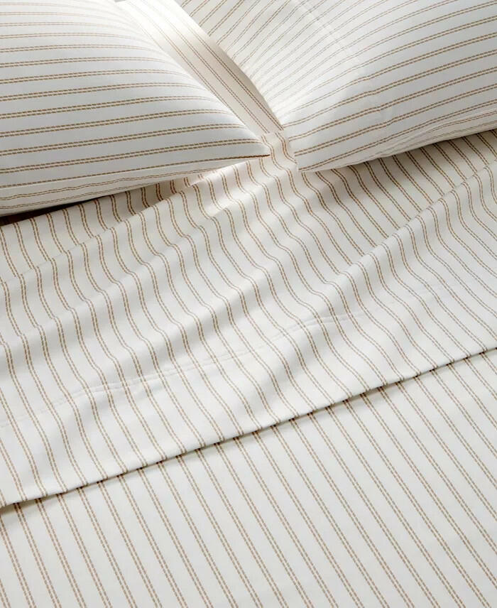 Charter Club 550 Thread Count Queen Sheet Set Tan White Stripe Cotton MSRP $170