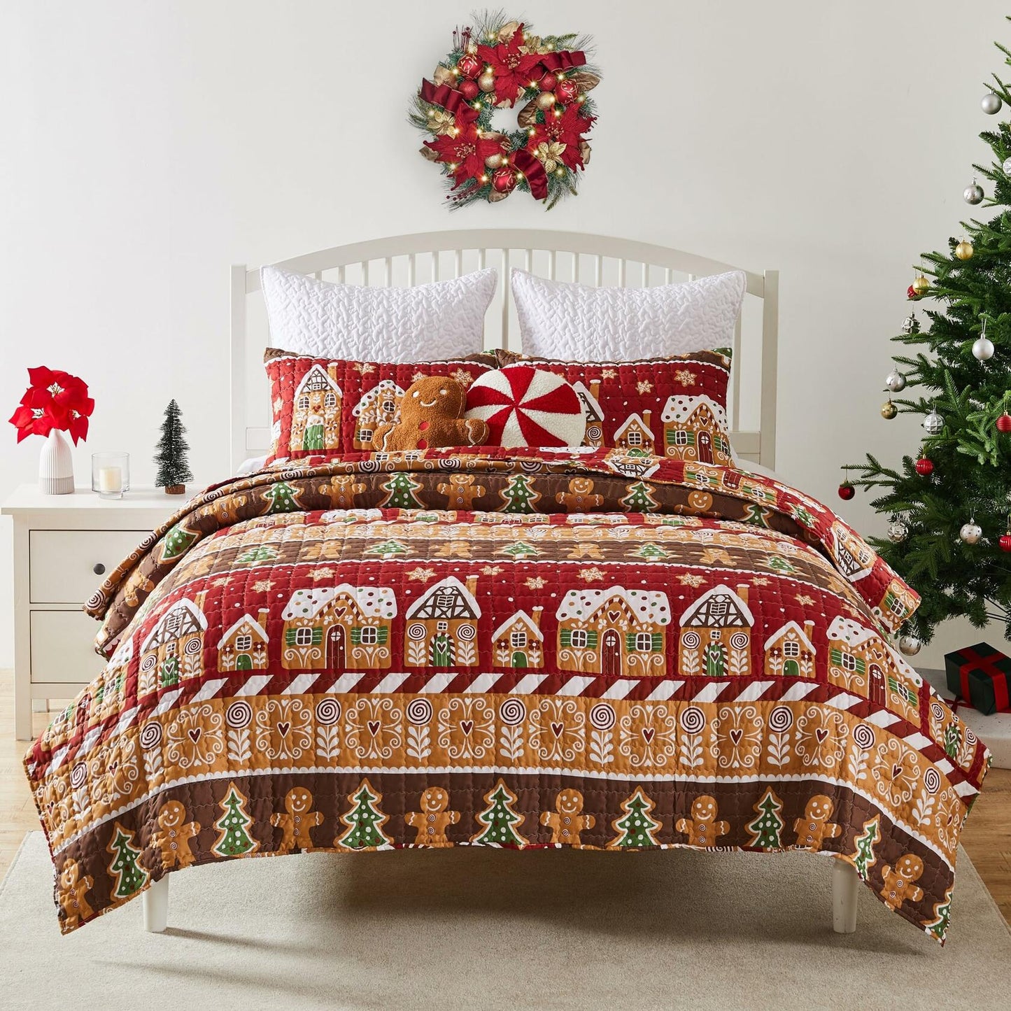 Greenland Home Gingerbread Lane Novelty Holiday Reversible Quilt Set, 3-Piece