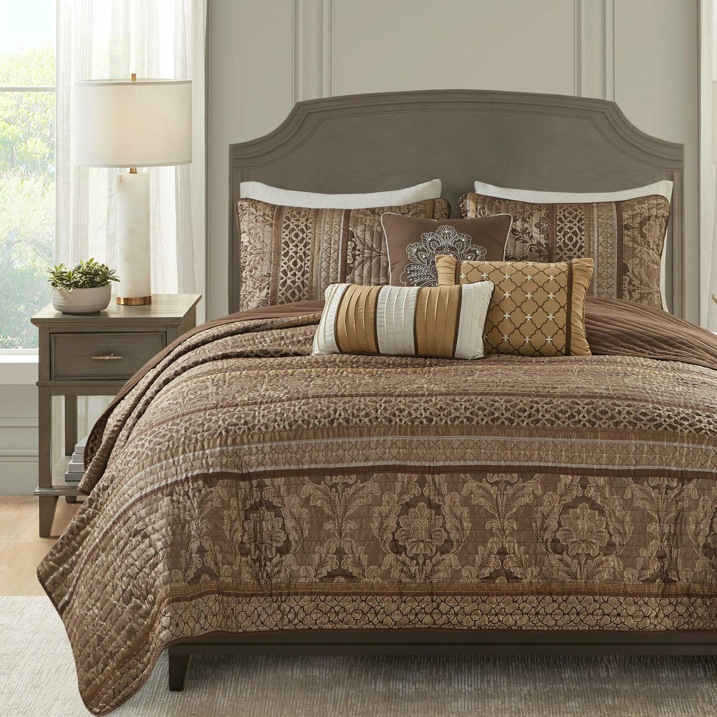 Madison Park Bellagio Jacquard 6 Piece Full Queen Quilt Set Brown Gold MSRP $320