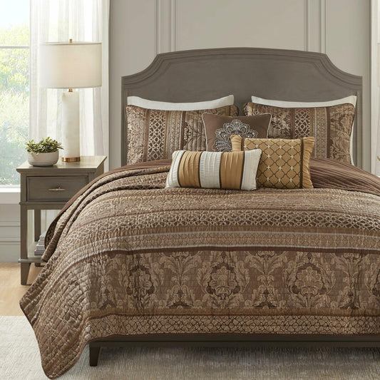 Madison Park Bellagio Jacquard 6 Piece Full Queen Quilt Set Brown Gold MSRP $320