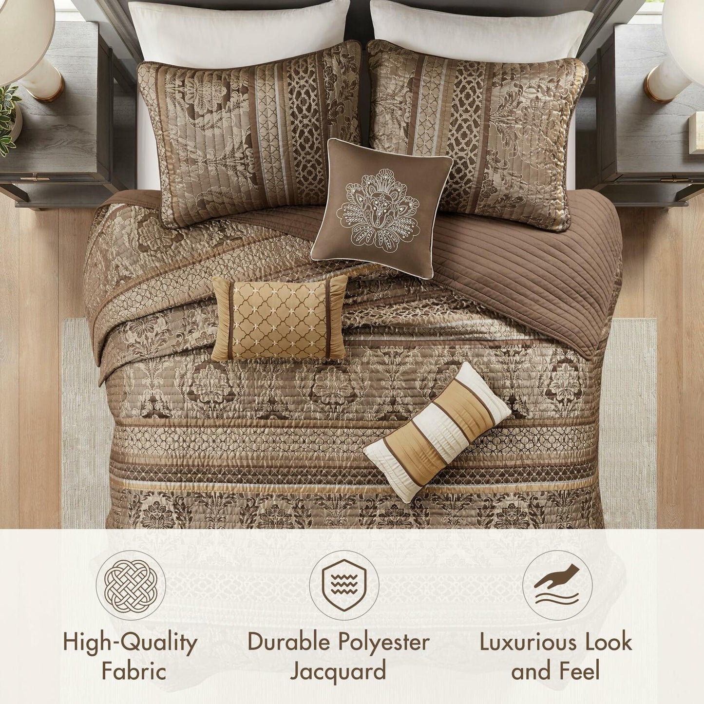 Madison Park Bellagio Jacquard 6 Piece Full Queen Quilt Set Brown Gold MSRP $320