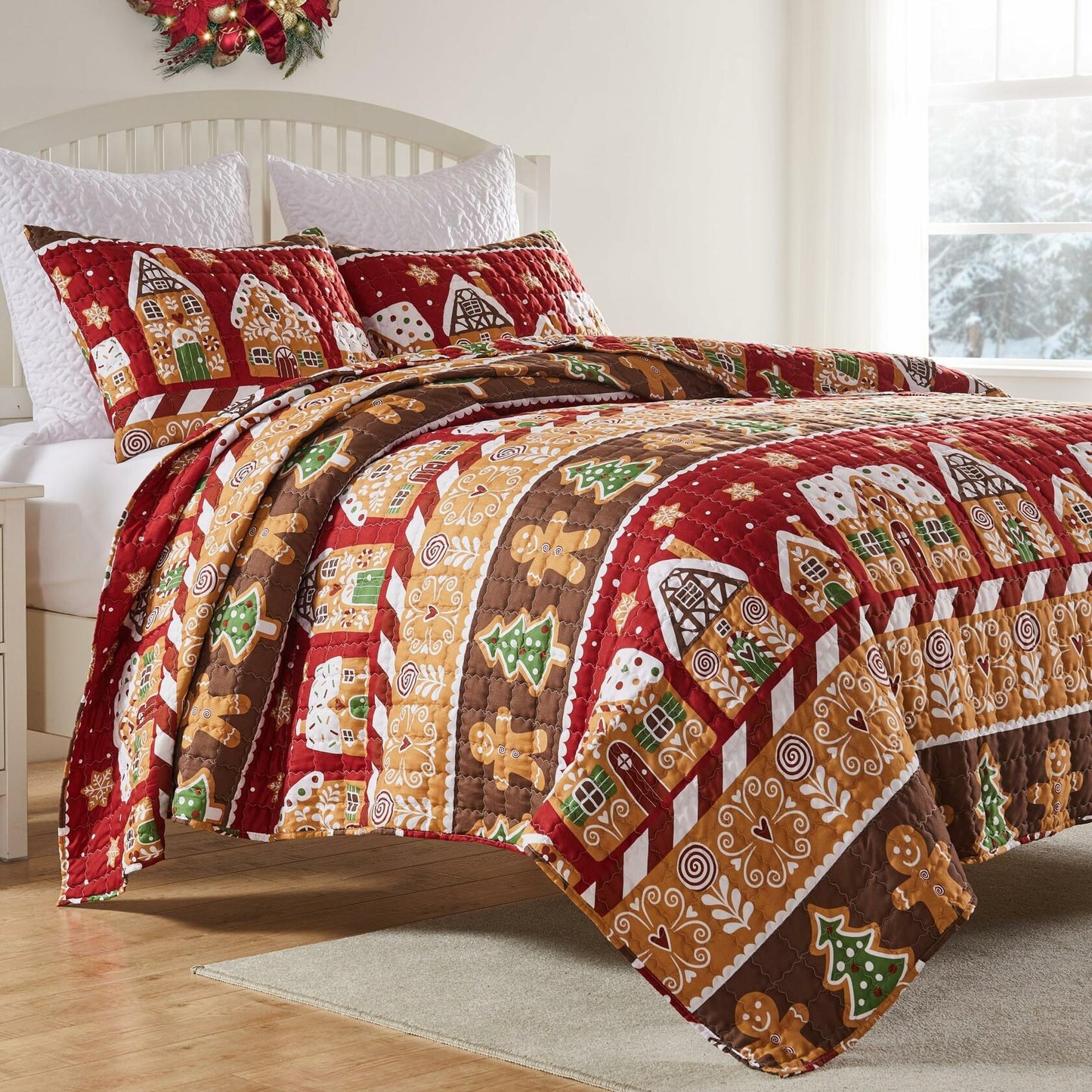 Greenland Home Gingerbread Lane Novelty Holiday Reversible Quilt Set, 3-Piece
