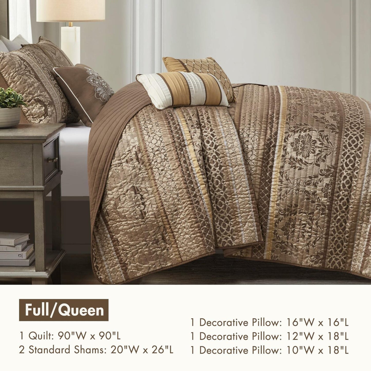 Madison Park Bellagio Jacquard 6 Piece Full Queen Quilt Set Brown Gold MSRP $320