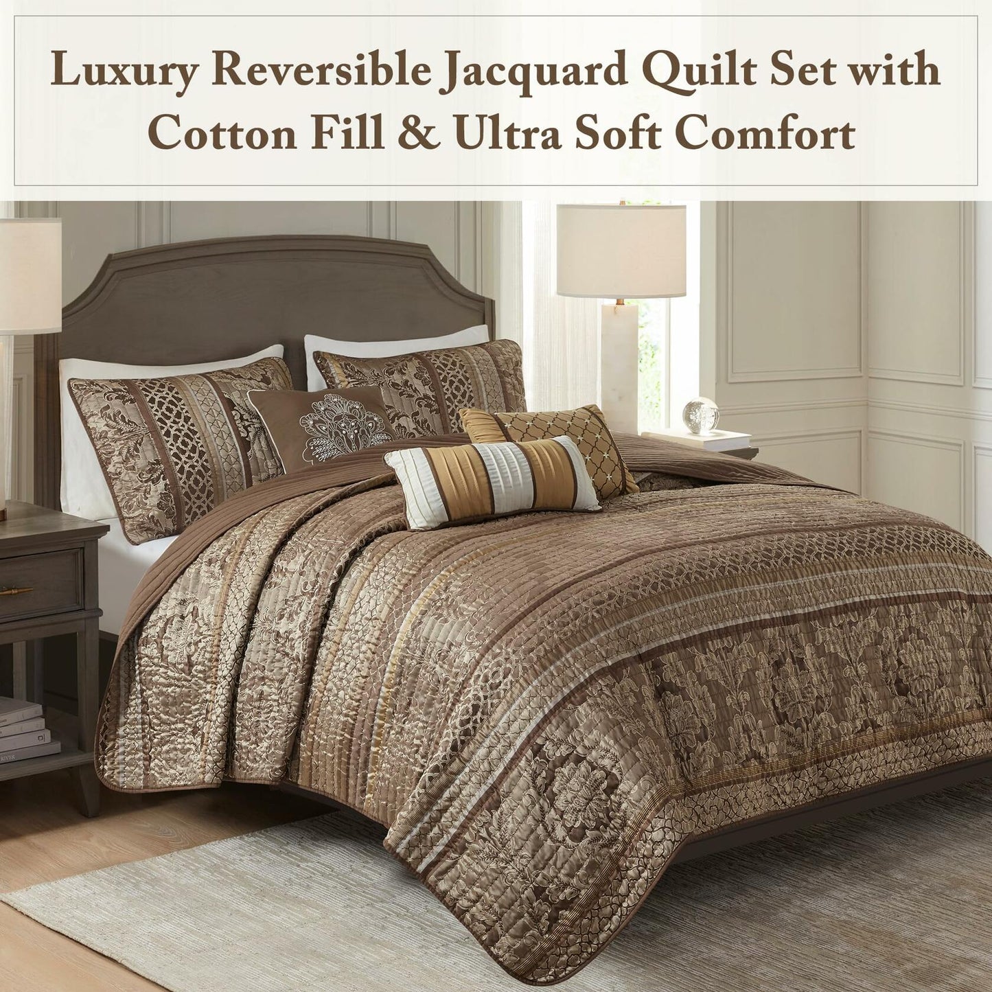 Madison Park Bellagio Jacquard 6 Piece Full Queen Quilt Set Brown Gold MSRP $320