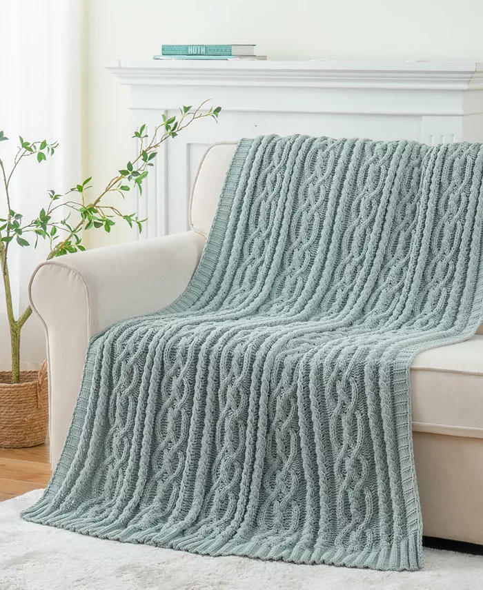 Battilo Cable Knit Chenille Throw Sage Green 51 x 67 Soft Cozy Blanket $86