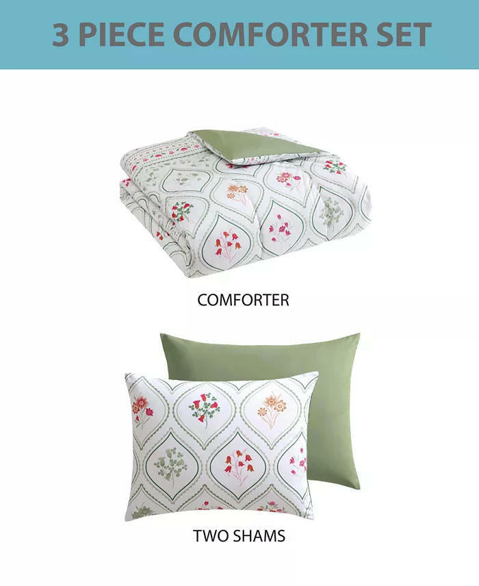 Hallmart Trisha Floral Comforter Set Full Queen Green White 3 Piece $80