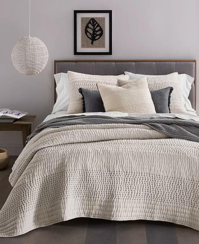 Oake Pick Stitch King Coverlet Set Beige Black 3 Piece Cotton MSRP $335